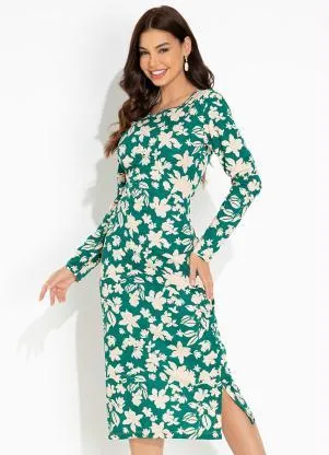 Moda Pop - Vestido Floral Verde com Fendas e Manga Longa - MODA POP