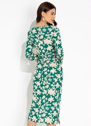 Moda Pop - Vestido Floral Verde com Fendas e Manga Longa - MODA POP