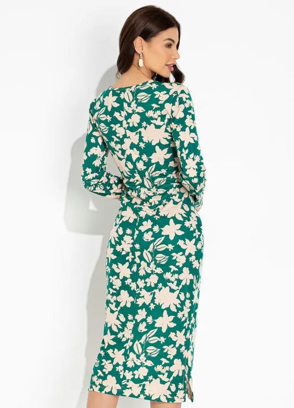 Moda Pop - Vestido Floral Verde com Fendas e Manga Longa 2