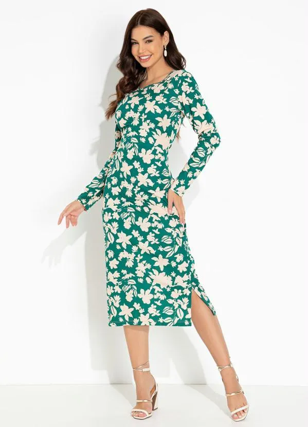 Moda Pop - Vestido Floral Verde com Fendas e Manga Longa 3