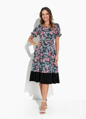 Rosalie - Vestido Floral Verde com Manga - ROSALIE