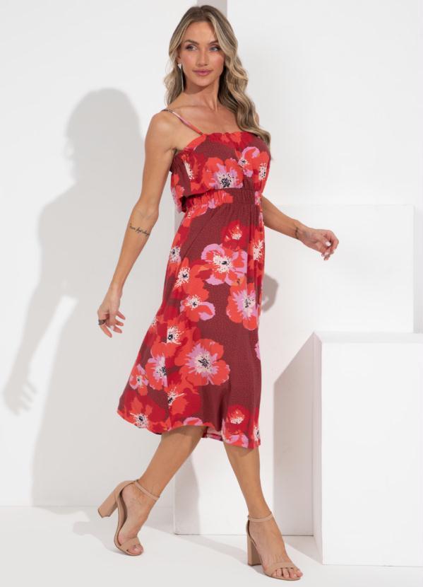 Outlet - Vestido Floral VermelhoDecote Reto com Franzido 3