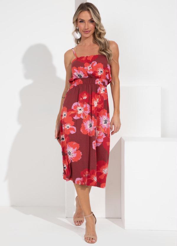 Outlet - Vestido Floral VermelhoDecote Reto com Franzido 4