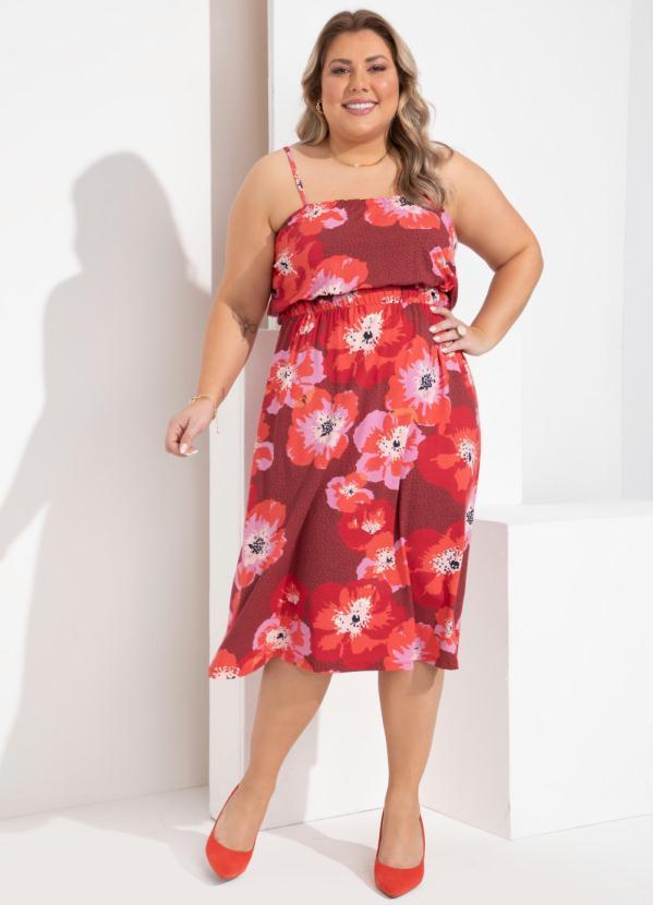 Outlet - Vestido Floral VermelhoDecote Reto com Franzido 6