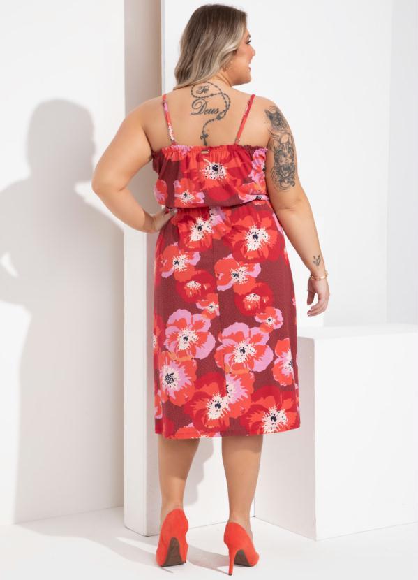 Outlet - Vestido Floral VermelhoDecote Reto com Franzido 7