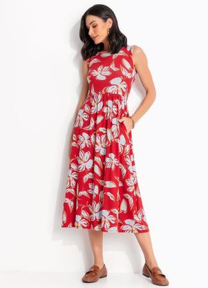 Vestido (Floral Vermelho) em Malha de Viscose