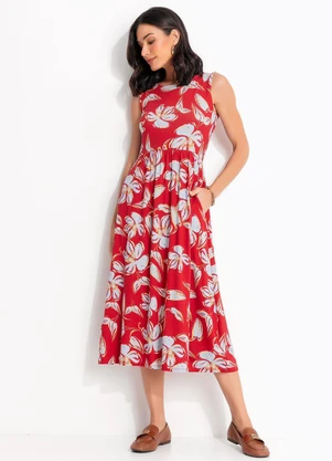 Quintess - Vestido Floral Vermelho em Malha de Viscose - QUINTESS