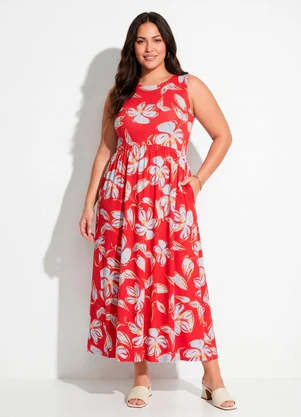 Quintess - Vestido Floral Vermelho em Malha de Viscose - QUINTESS