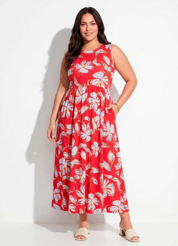 Quintess - Vestido Floral Vermelho em Malha de Viscose