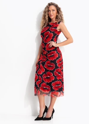 Quintess - Vestido Floral Vermelho em Tule - QUINTESS