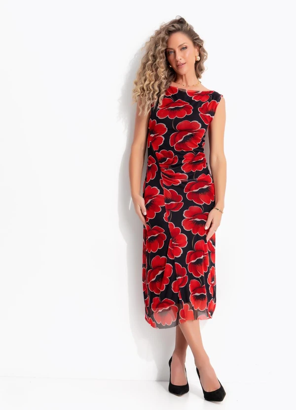 Quintess - Vestido Floral Vermelho em Tule