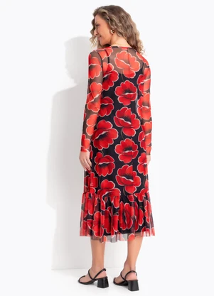 Quintess - Vestido Flroal Vermelho em Tule - QUINTESS