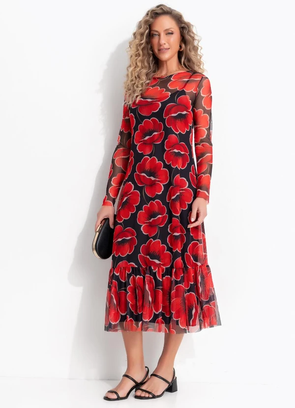 Quintess - Vestido Flroal Vermelho em Tule