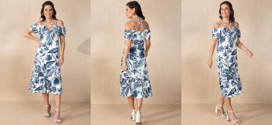Vestido Folhagem Azul com Al�as Duplas