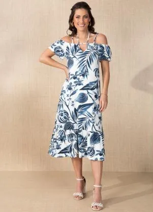 Quintess - Vestido Folhagem Azul com Alças Duplas - QUINTESS