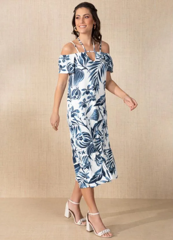 Quintess - Vestido Folhagem Azul com Alças Duplas 3