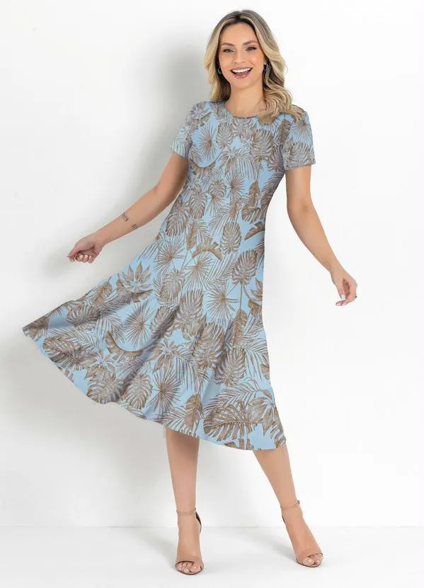 Rosalie - Vestido Folhagem Azul com Babado