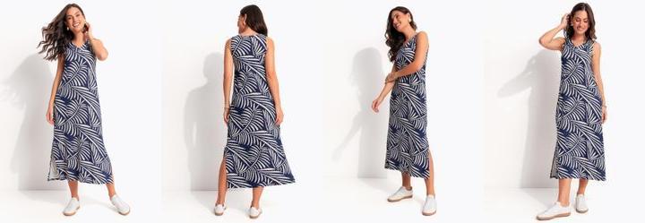 Vestido Folhagem Azul em Malha de Viscose