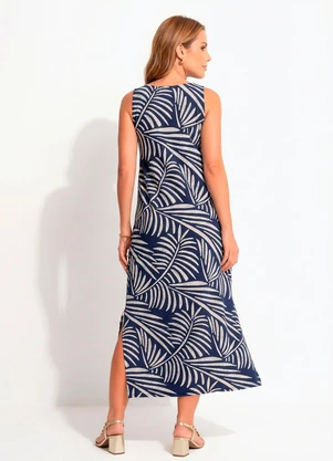 Quintess - Vestido Folhagem Azul em Malha de Viscose - QUINTESS