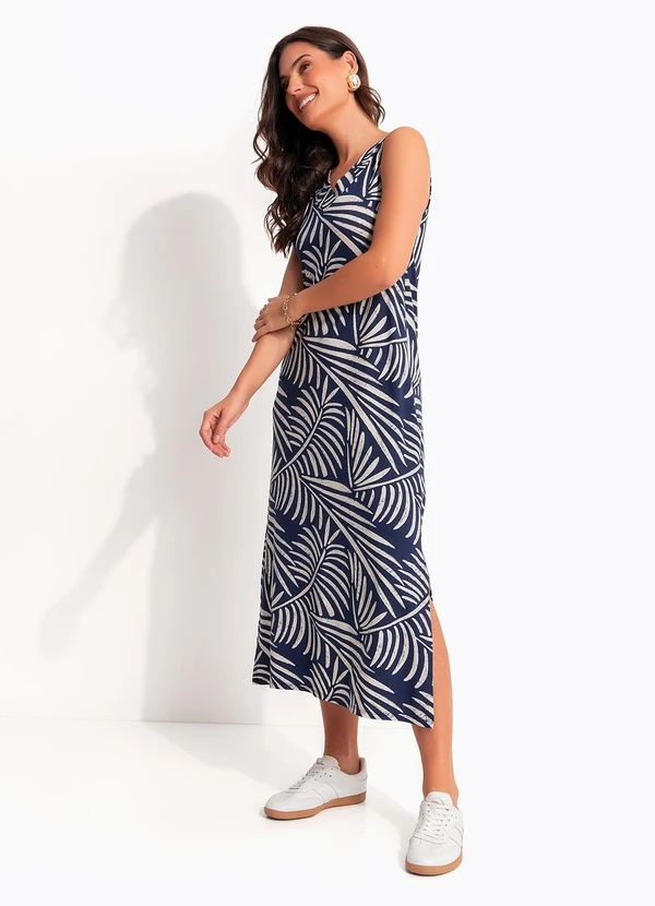 Quintess - Vestido Folhagem Azul em Malha de Viscose 3