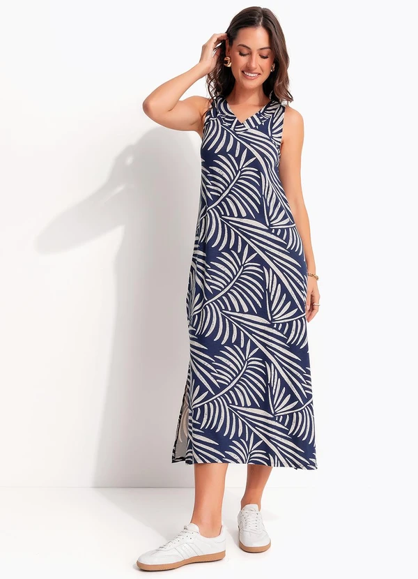 Quintess - Vestido Folhagem Azul em Malha de Viscose 4