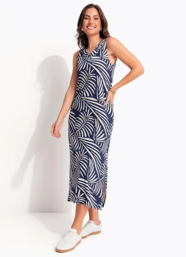 Quintess - Vestido Folhagem Azul em Malha de Viscose 5