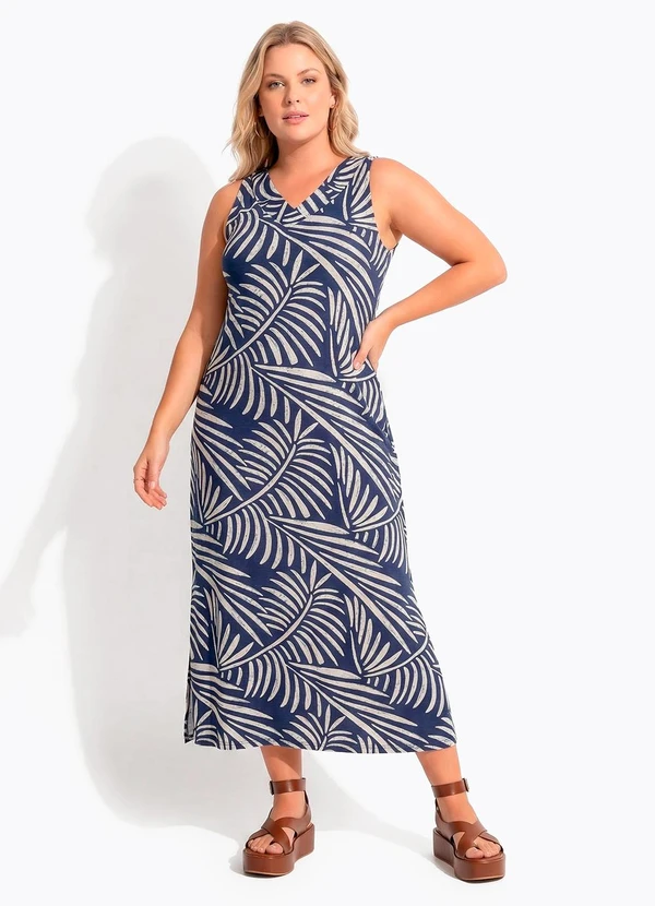 Quintess - Vestido Folhagem Azul em Malha de Viscose 7