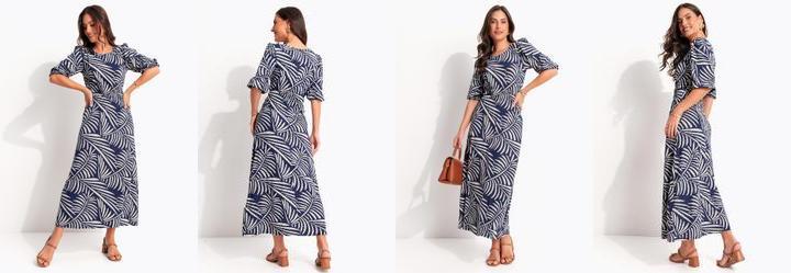 Vestido Folhagem Azul em Malha de Viscose