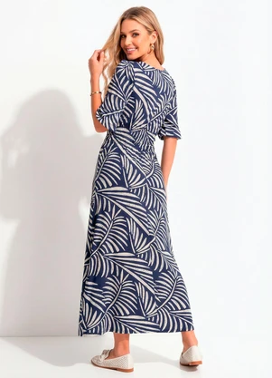 Quintess - Vestido Folhagem Azul em Malha de Viscose - QUINTESS