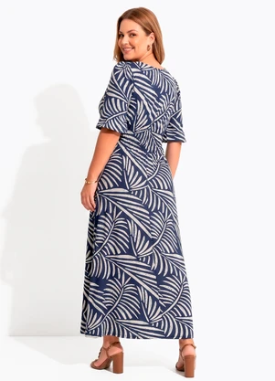 Quintess - Vestido Folhagem Azul em Malha de Viscose - QUINTESS