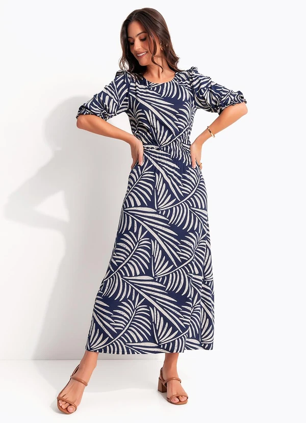 Quintess - Vestido Folhagem Azul em Malha de Viscose