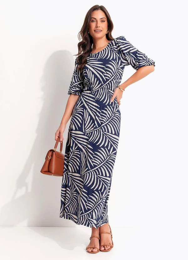 Quintess - Vestido Folhagem Azul em Malha de Viscose 2