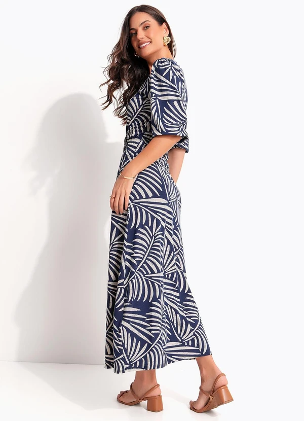 Quintess - Vestido Folhagem Azul em Malha de Viscose 1