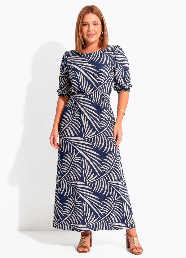 Quintess - Vestido Folhagem Azul em Malha de Viscose 6