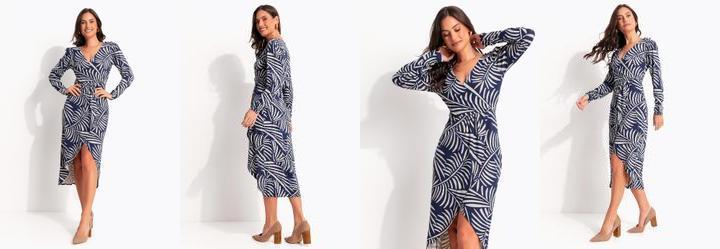 Vestido Longuete Transpassado Folhagem Azul em Malha de Viscose