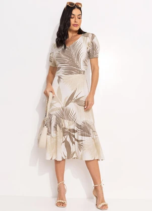 Quintess - Vestido Folhagem Bege em Linho - QUINTESS