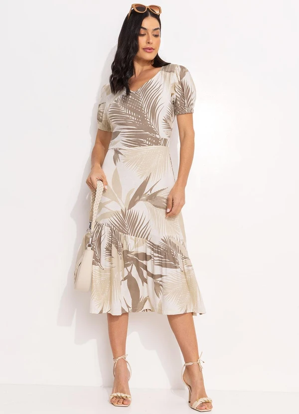 Quintess - Vestido Folhagem Bege em Linho