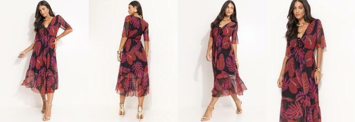 Vestido Longuete em Tule com Folhagem Bordada e Decote V