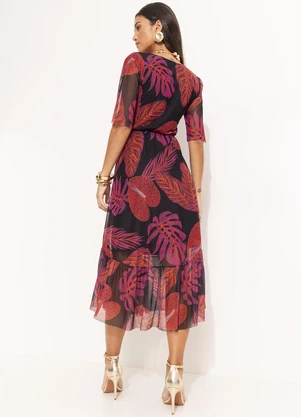 Quintess - Vestido Longuete em Tule com Folhagem Bordada e Decote V - QUINTESS