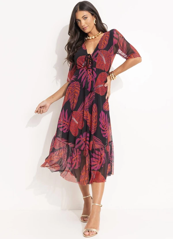 Quintess - Vestido Folhagem Bordada em Tule