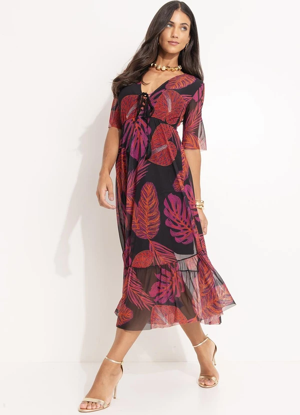 Quintess - Vestido Longuete em Tule com Folhagem Bordada e Decote V 3