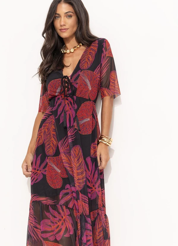 Quintess - Vestido Longuete em Tule com Folhagem Bordada e Decote V