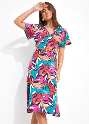 Bimini - Vestido Folhagem Colorida em Malha de Poliéster - BIMINI