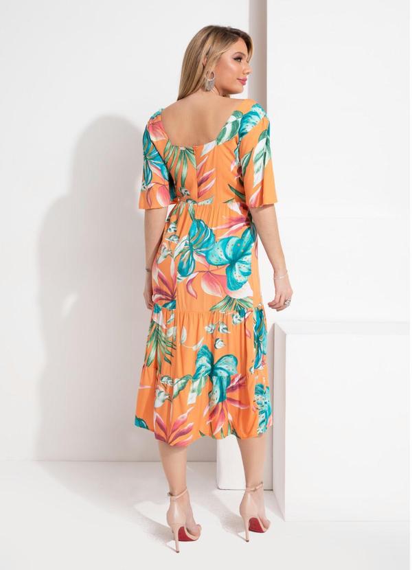 Outlet - Vestido Folhagem Laranja Decote Quadrado 2