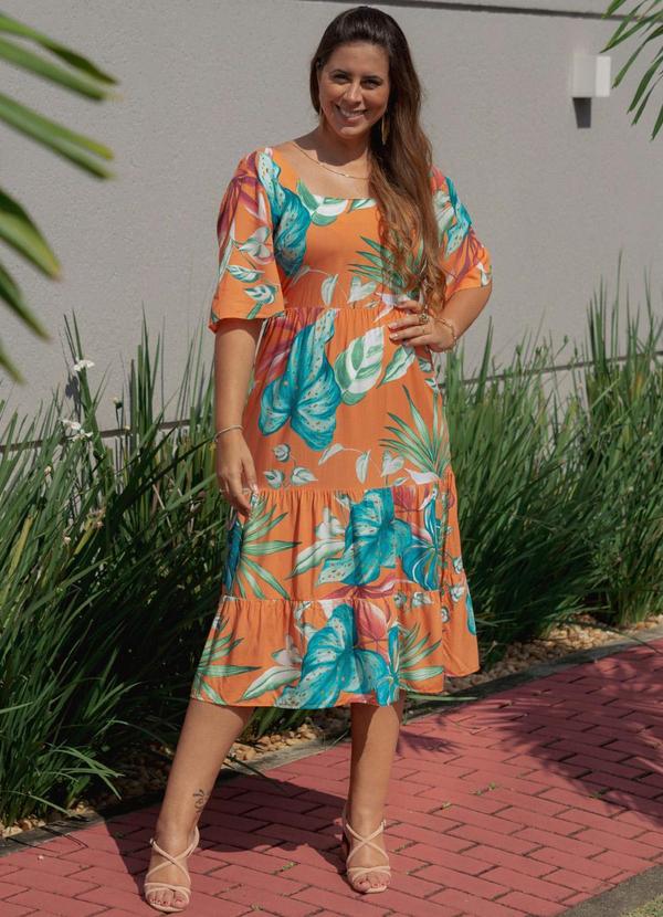 Outlet - Vestido Folhagem Laranja Decote Quadrado 4