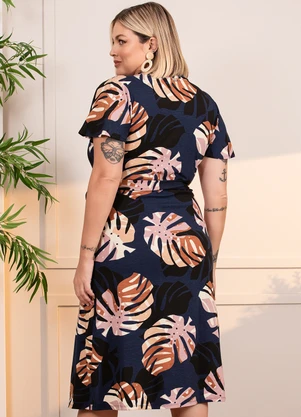 Quintess - Vestido Folhagem Marinho em Malha de Viscose - QUINTESS