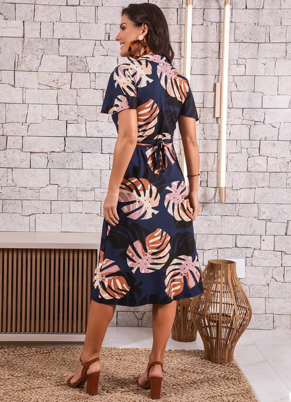 Quintess - Vestido Folhagem Marinho em Malha de Viscose 4