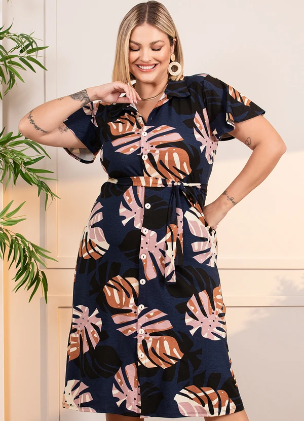 Quintess - Vestido Folhagem Marinho em Malha de Viscose 5