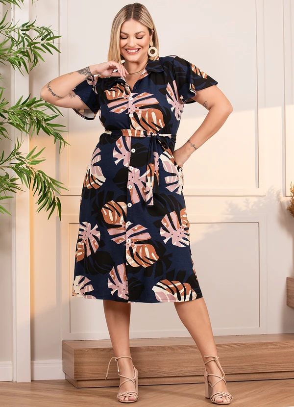 Quintess - Vestido Folhagem Marinho em Malha de Viscose 7