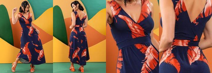 Vestido Folhagem Marinho em Malha de Viscose